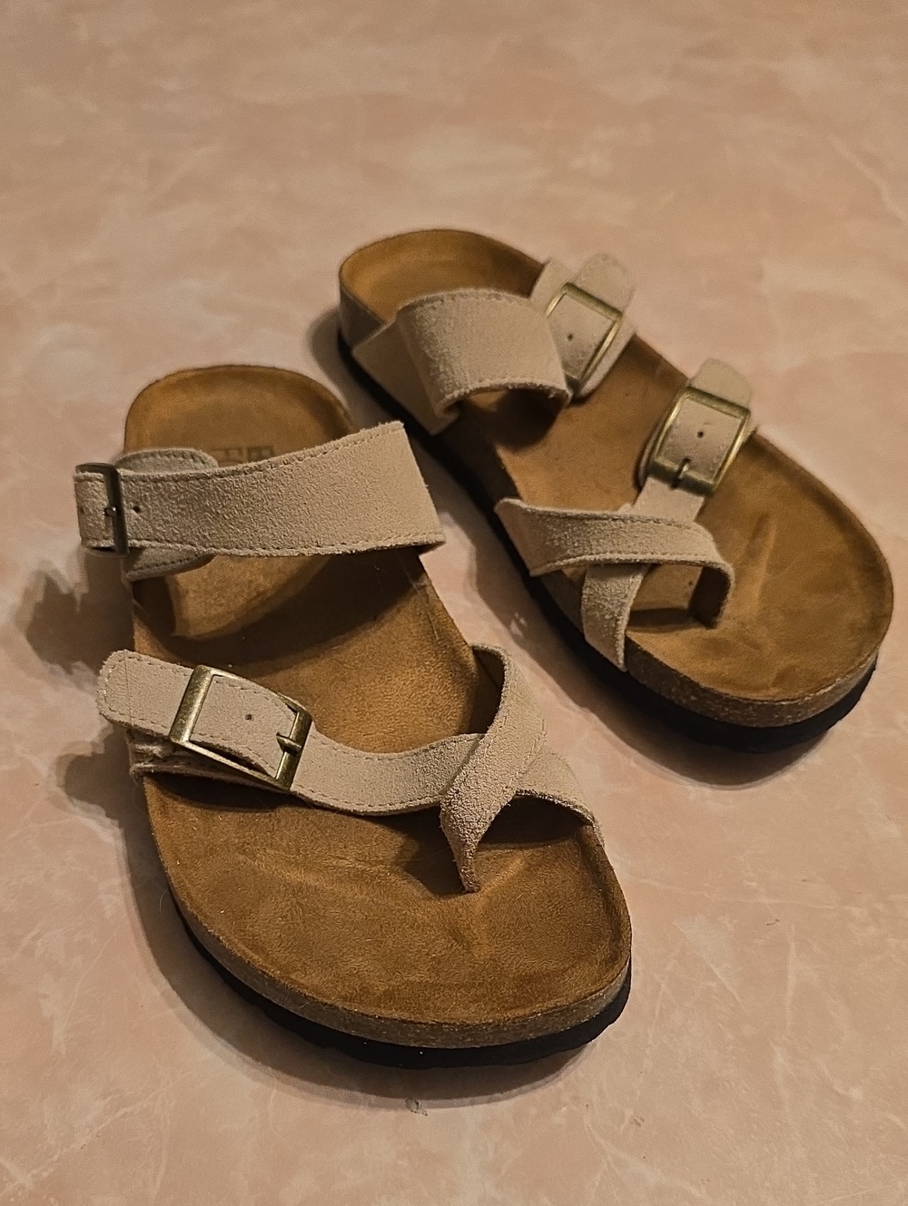White Mountain Footbeds Beige Suede Buckle Sandals